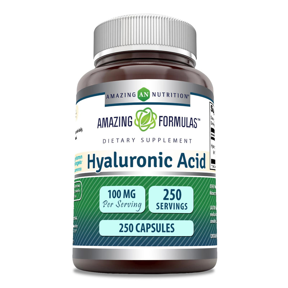 Amazing Nutrition Hyaluronic Acid 100mg bottle front for daily hydration support.
