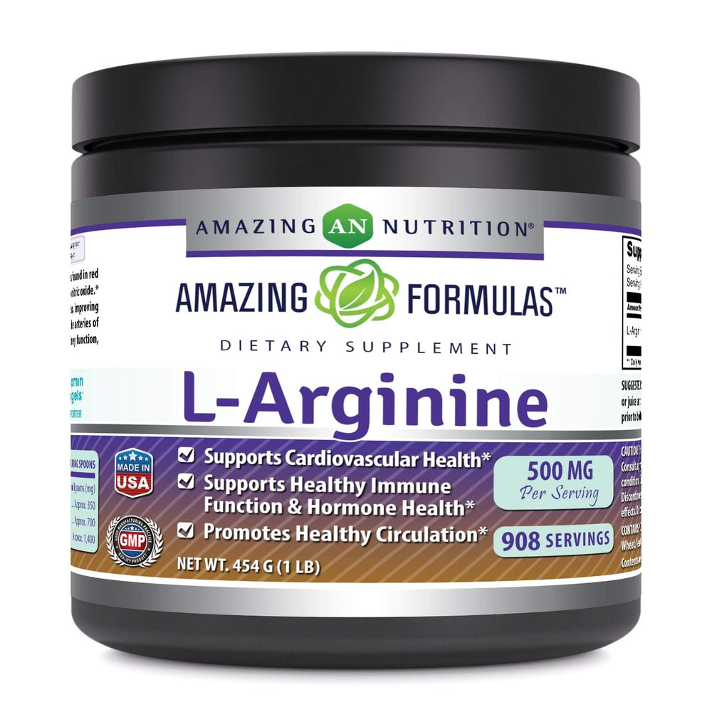 Amazing Nutrition L-Arginine powder bottle on counter for daily athletic support.