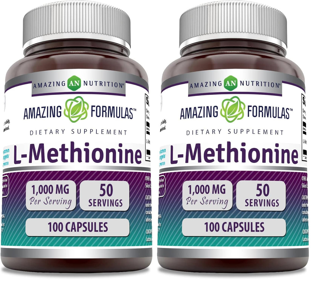Amazing Nutrition L-Methionine bottle label shows dosage and purity for daily use