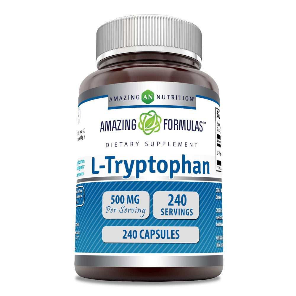 Amazing Nutrition L-Tryptophan bottle with 500 mg capsules, gluten-free and non-GMO, for daily wellness.