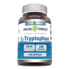 Amazing Nutrition L-Tryptophan bottle with 500 mg capsules, gluten-free and non-GMO, for daily wellness.