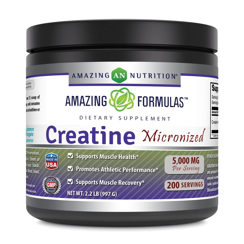 Amazing Nutrition micronized creatine monohydrate powder bottle for easy daily dosing and seamless blends.