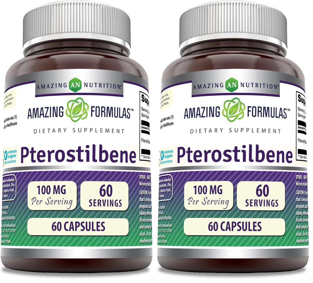 Amazing Nutrition Pterostilbene bottle showing 100 mg serving for daily vitality