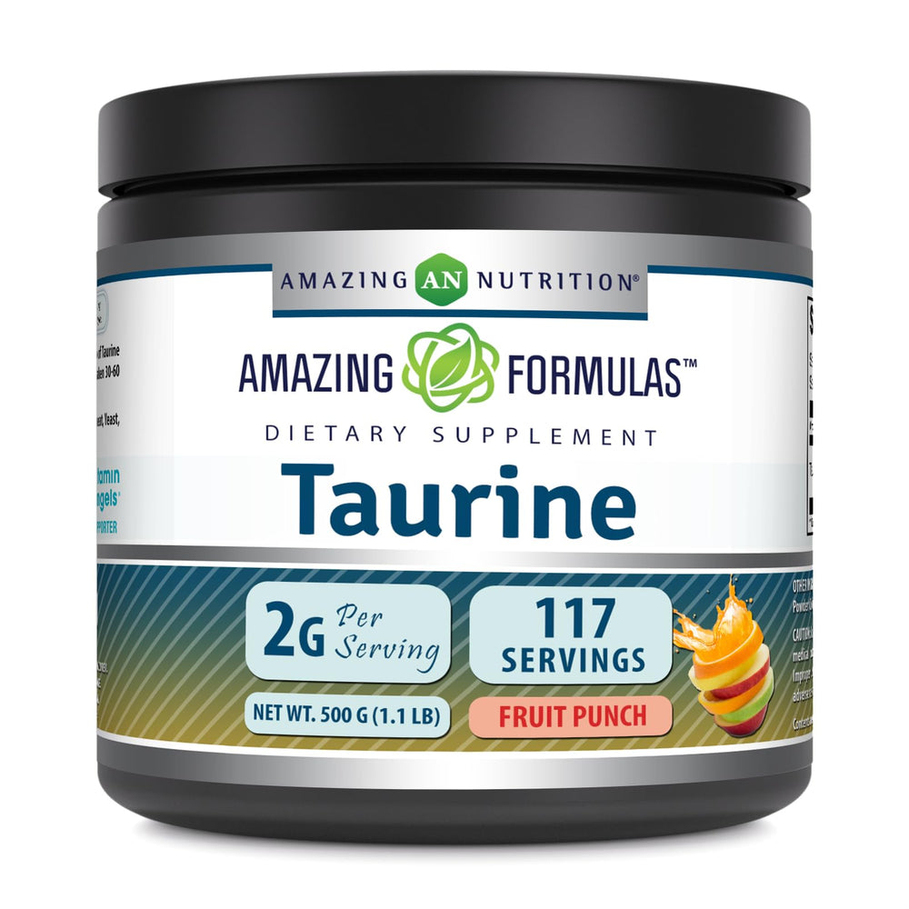 Amazing Nutrition Taurine powder bottle front view for energy and focus support.