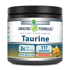 Amazing Nutrition Taurine powder bottle front view for energy and focus support.