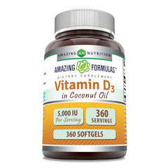 Amazing Nutrition Vitamin D3 coconut oil softgels bottle for daily wellness.