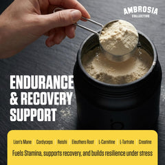 Ambrosia Kinetic powder-jar-closeup reveals texture and strawberry guava flavor.