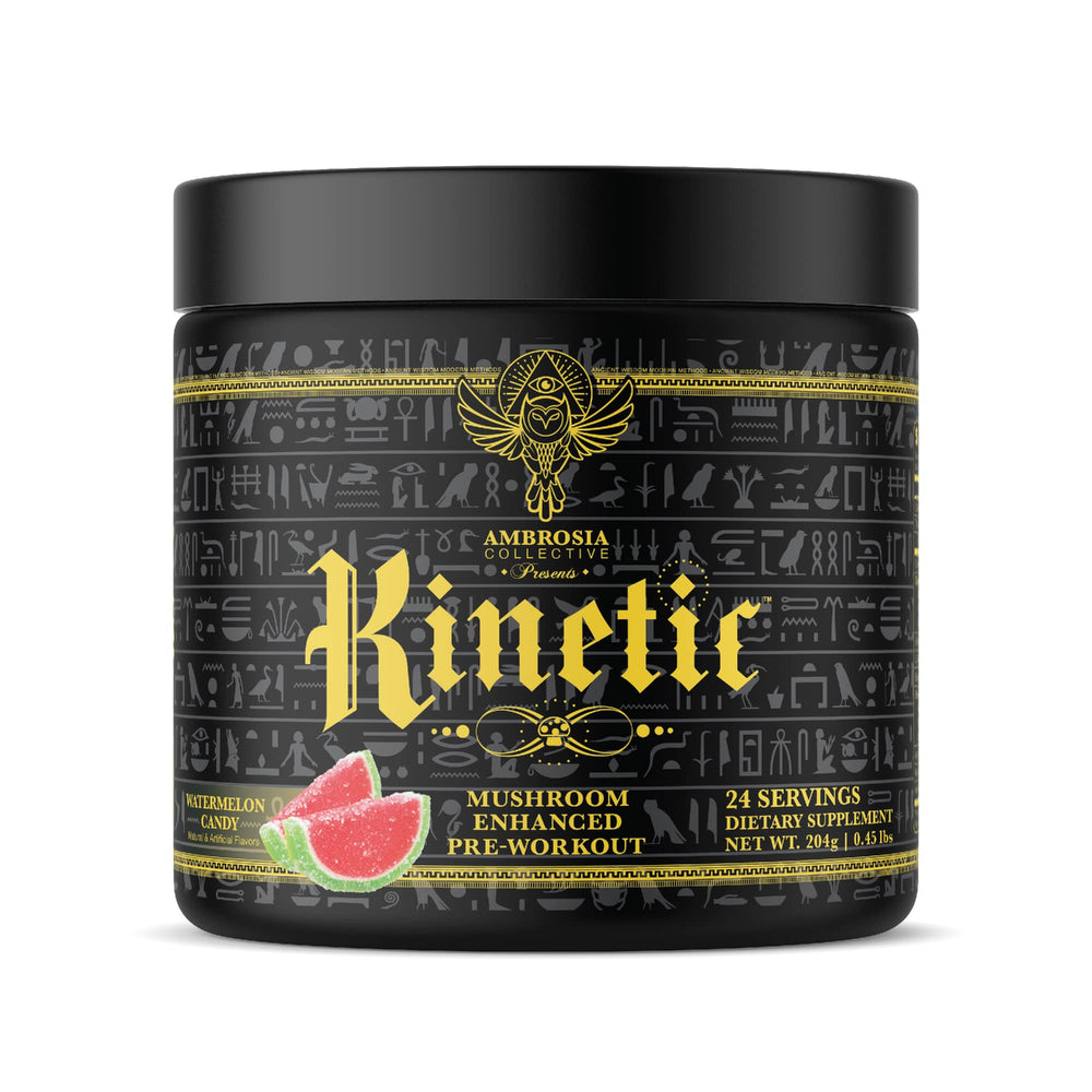 Ambrosia Kinetic watermelon candy scoop highlights clean energy for workouts.