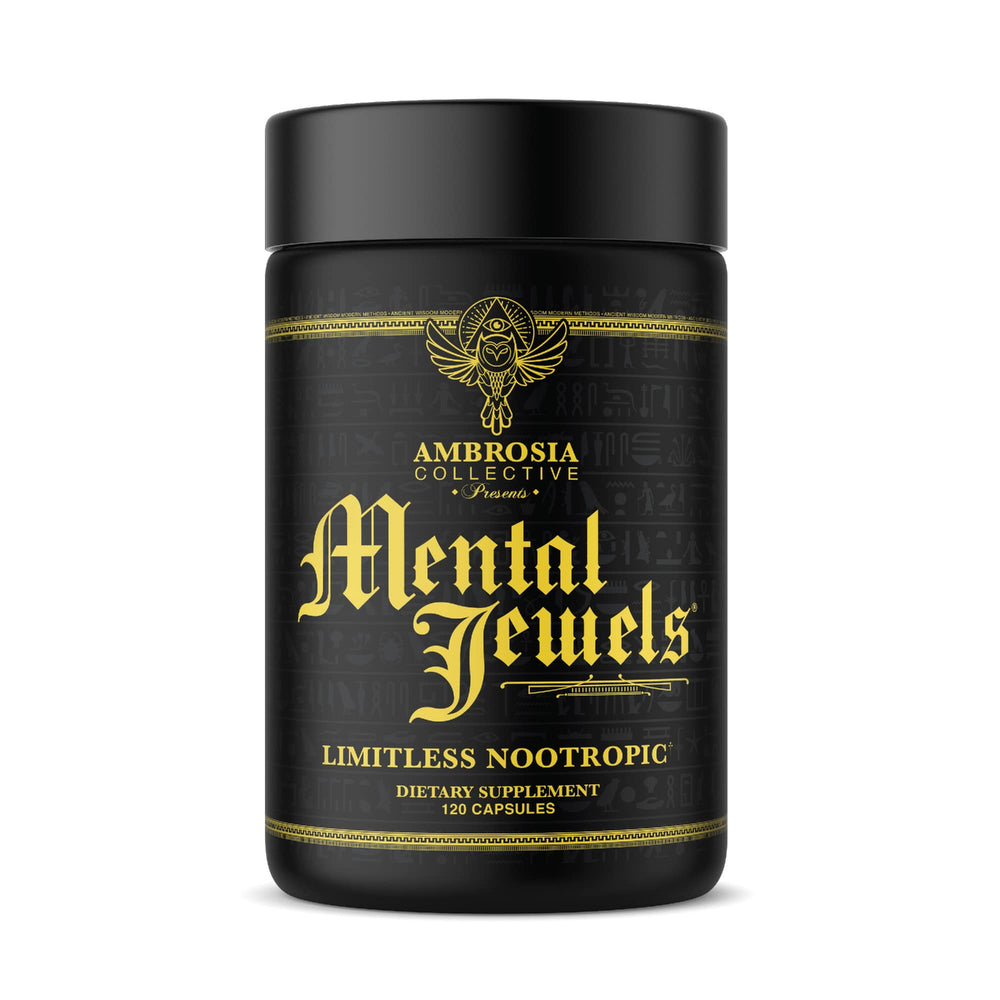 Ambrosia Mental Jewels bottle close-up showing capsules for daily cognitive support