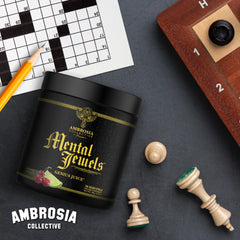 Ambrosia Mental Jewels jar closeup reveals powder texture ideal for mixing.