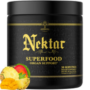 Ambrosia Nektar pineapple mango powder in a tub with scoop supports daily energy and digestion.