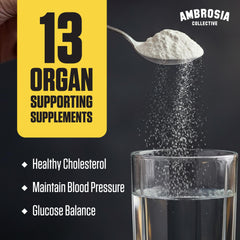 Ambrosia Nektar scoop beside a glass for quick, balanced energy.