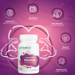 Ambrosial Selenium label close-up highlighting product details and purity commitment.