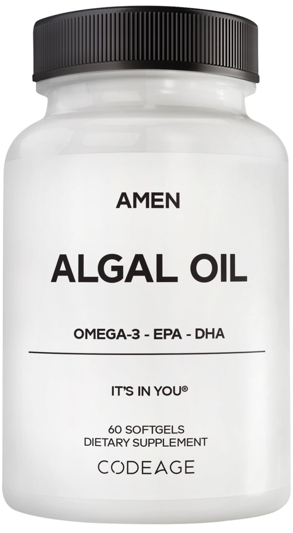 Amen Algal Oil softgels bottle for daily vegan omega-3 use