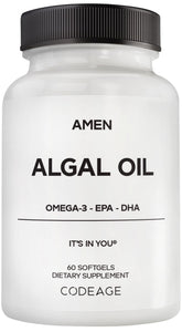 Amen Algal Oil softgels bottle for daily vegan omega-3 use