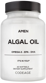 Amen Algal Oil softgels bottle for daily vegan omega-3 use