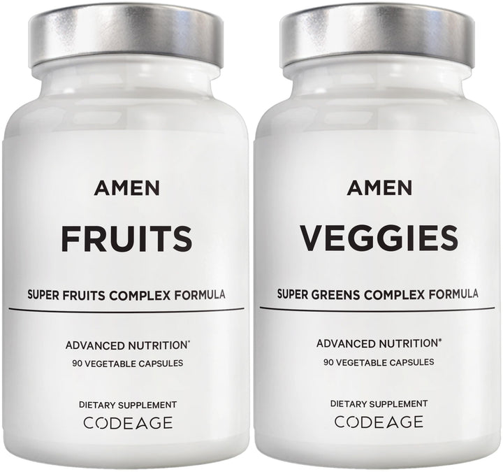 Amen Fruits and Veggies bundle bottle front, vegan daily multivitamin for balanced nutrition.