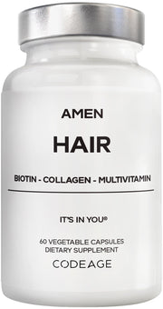 Amen Hair Vitamins bottle label highlighting a daily nourishment routine for hair