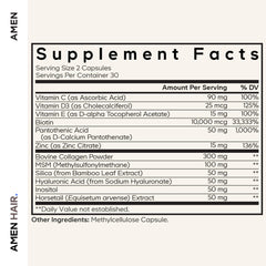 Amen Hair Vitamins capsules close-up showing the premium biotin and collagen blend