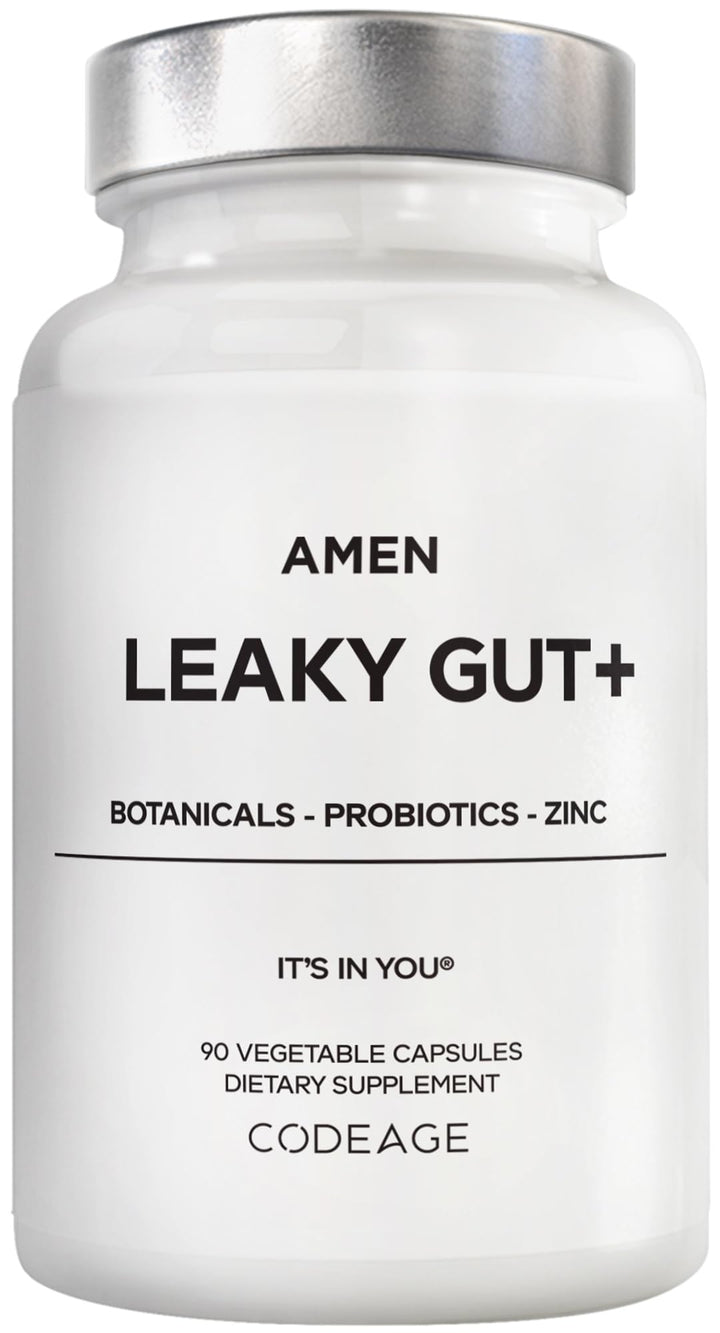 Amen Leaky Gut+ bottle label for daily digestive support.