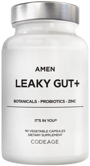 Amen Leaky Gut+ bottle label for daily digestive support.