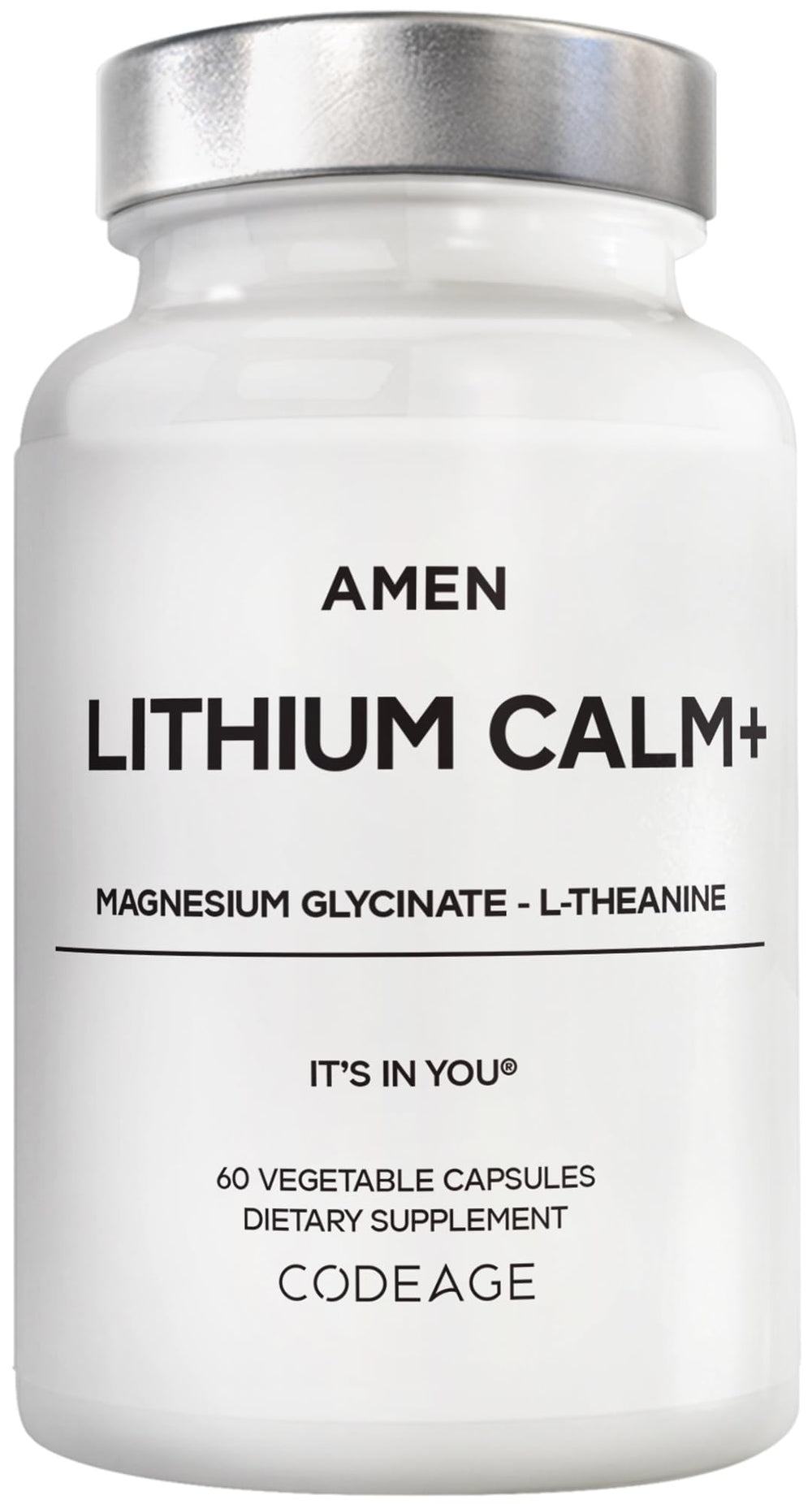 Amen Lithium Calm+ bottle with capsules for daily calm and focus.