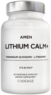 Amen Lithium Calm+ bottle with capsules for daily calm and focus.