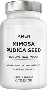 Amen Mimosa Pudica Seed Capsules bottle front view for vegan plant-based wellness.