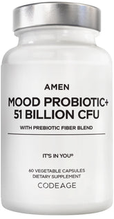 Amen Mood Probiotic bottle with 51B CFU capsules for daily gut support.