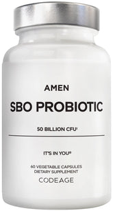 Amen SBO Probiotic bottle front shows 50B CFUs for daily digestive balance.