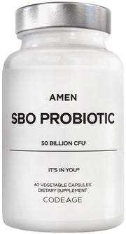 Amen SBO Probiotic bottle front shows 50B CFUs for daily digestive balance.