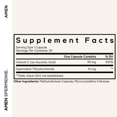Amen Spermidine bottle label highlighting 10 mg per serving and vitamin C