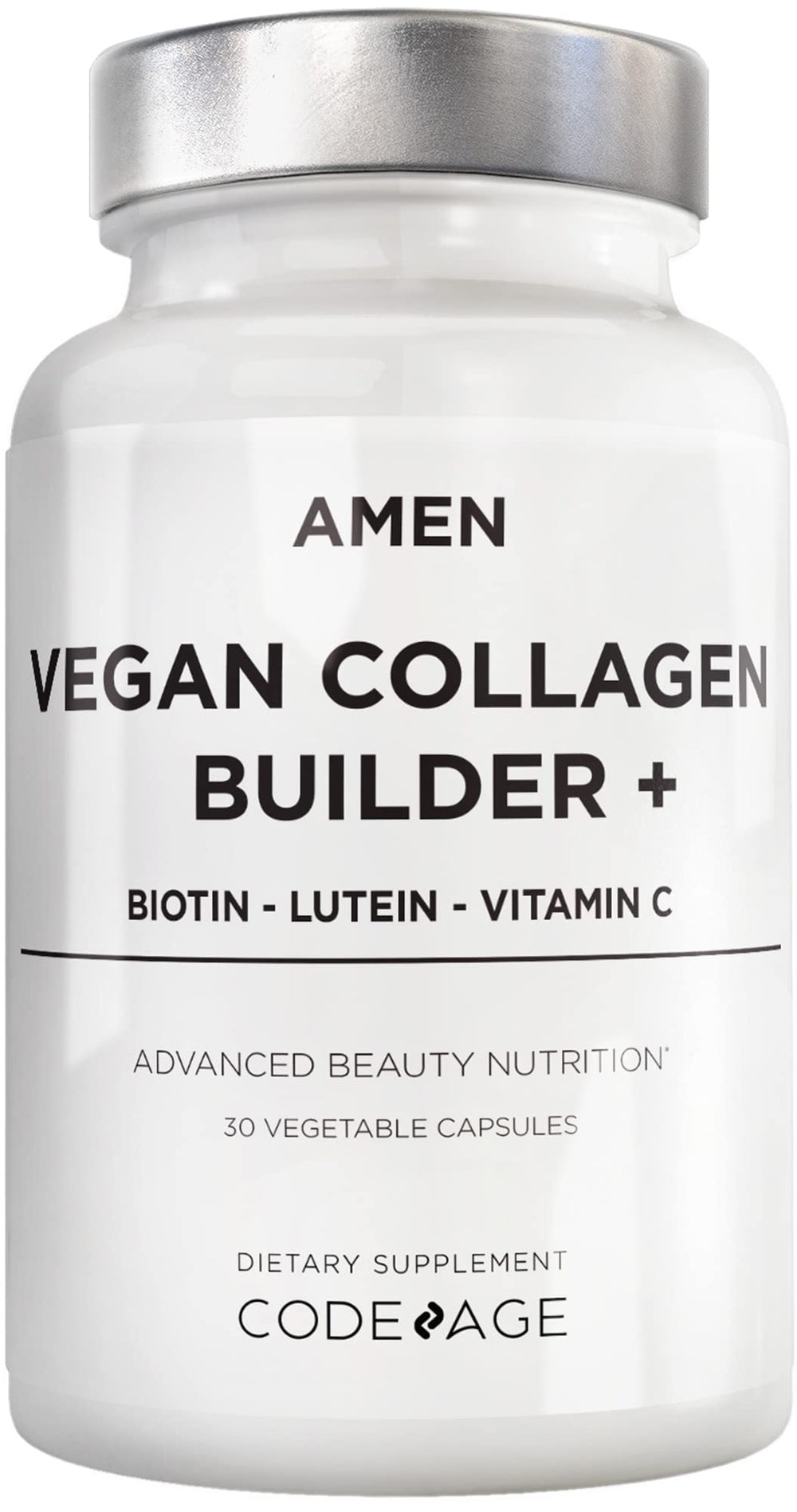 Amen Vegan Collagen Builder bottle front illustrates plant-based daily support.