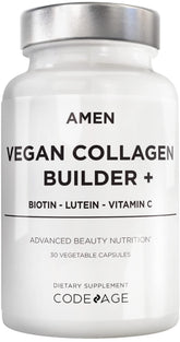 Amen Vegan Collagen Builder bottle front illustrates plant-based daily support.
