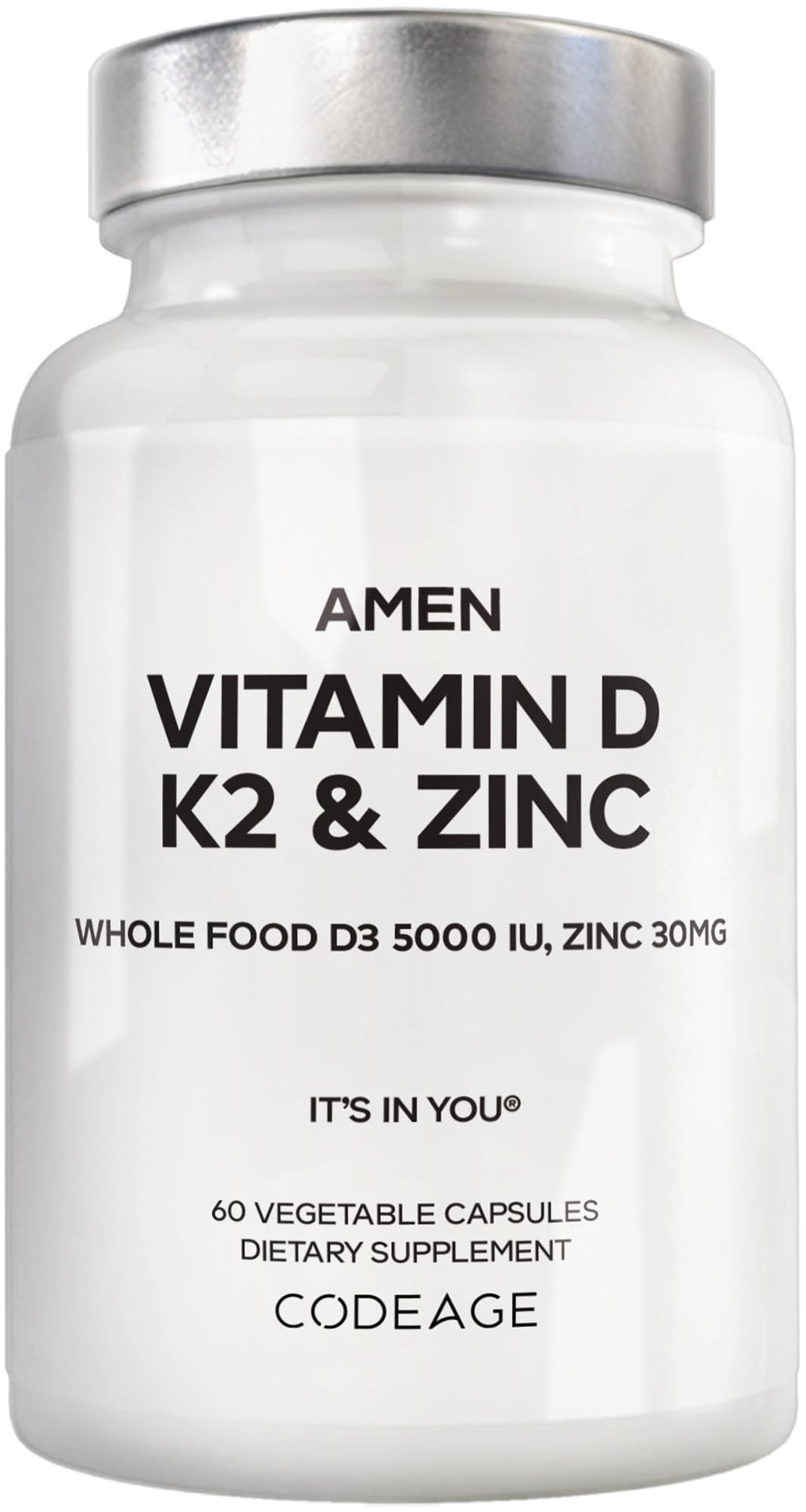 Amen Vitamin D, K2 & Zinc bottle-front for daily vegan D3 support