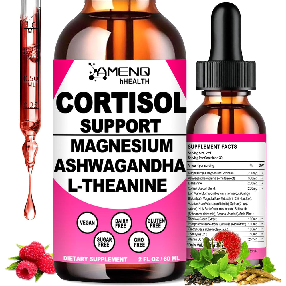 AMENQ hHEALTH Cortisol Liquid Drops bottle for calm daily balance.