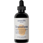 Ameo Life Humic & Fulvic Mineral Drops bottle on countertop for daily mineral support.