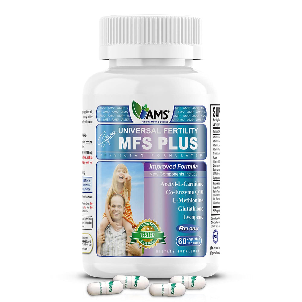 America Medic & Science MFS Plus bottle pouring signals convenient daily fertility support.