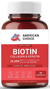 American Choice Biotin-Collagen-Keratin bottle emphasizes hair growth and skin vitality.