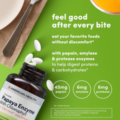 Label detail shows vegan and gluten-free formula for American Health Papaya Enzyme