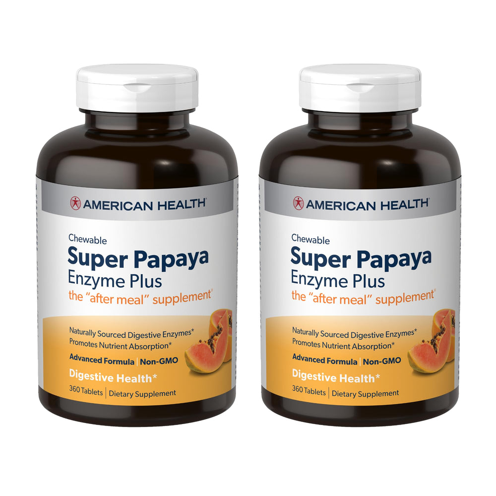 American Health Super Papaya Enzyme Plus bottle showing after-meal support with convenient chewables.