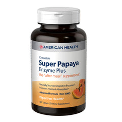 American Health Super Papaya Enzyme Plus bottle shown for post-meal digestion support