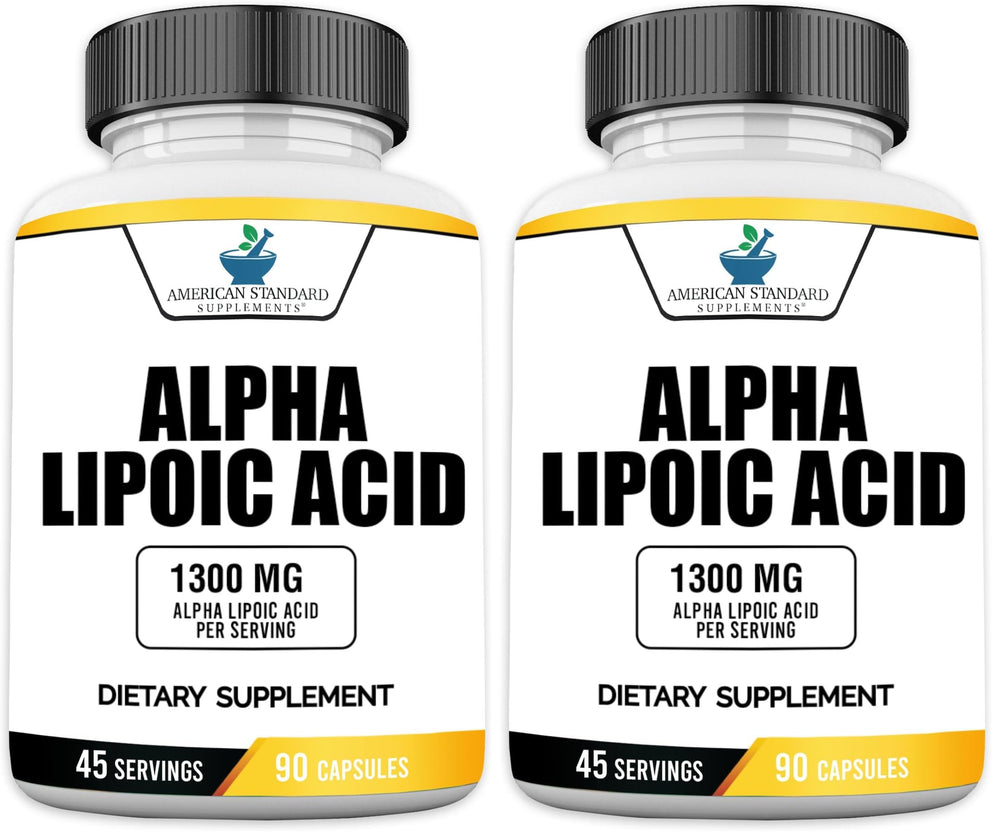 American Standard Alpha Lipoic Acid bottle front label shows 1300mg per serving for daily antioxidant support.