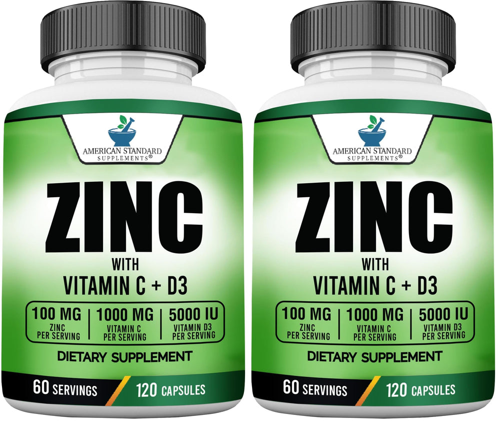 American Standard Supplements zinc bottle showing 100 mg per serving for immune support