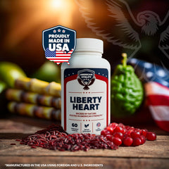 American Vitality Liberty Heart bottle beside a measuring cup, suggesting precise daily dosage.