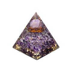 Amethyst Crystal Orgone Pyramid with Sphere apex promotes meditation focus and decorative charm.