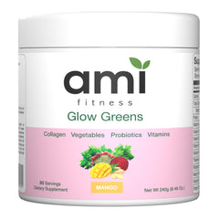 Ami Fitness Glow Greens bottle pouring, ideal for a quick morning routine.