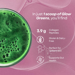 Ami Fitness Glow Greens scoop beside powder for easy measuring.