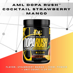 AML Dopa Rush powder in glass supports alertness and focus without added sugar.