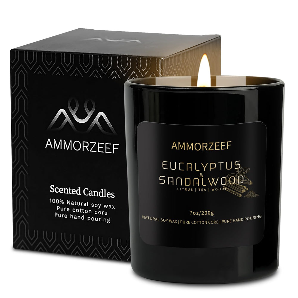 AMMORZEEF Sleep Sandalwood Candle in a black jar creates a calm, minimalist ambiance.